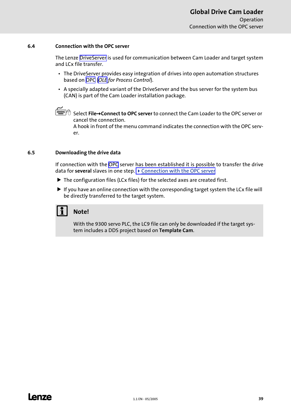 4 connection with the opc server, 5 downloading the drive data | Lenze Global Drive Cam Loader User Manual | Page 39 / 54