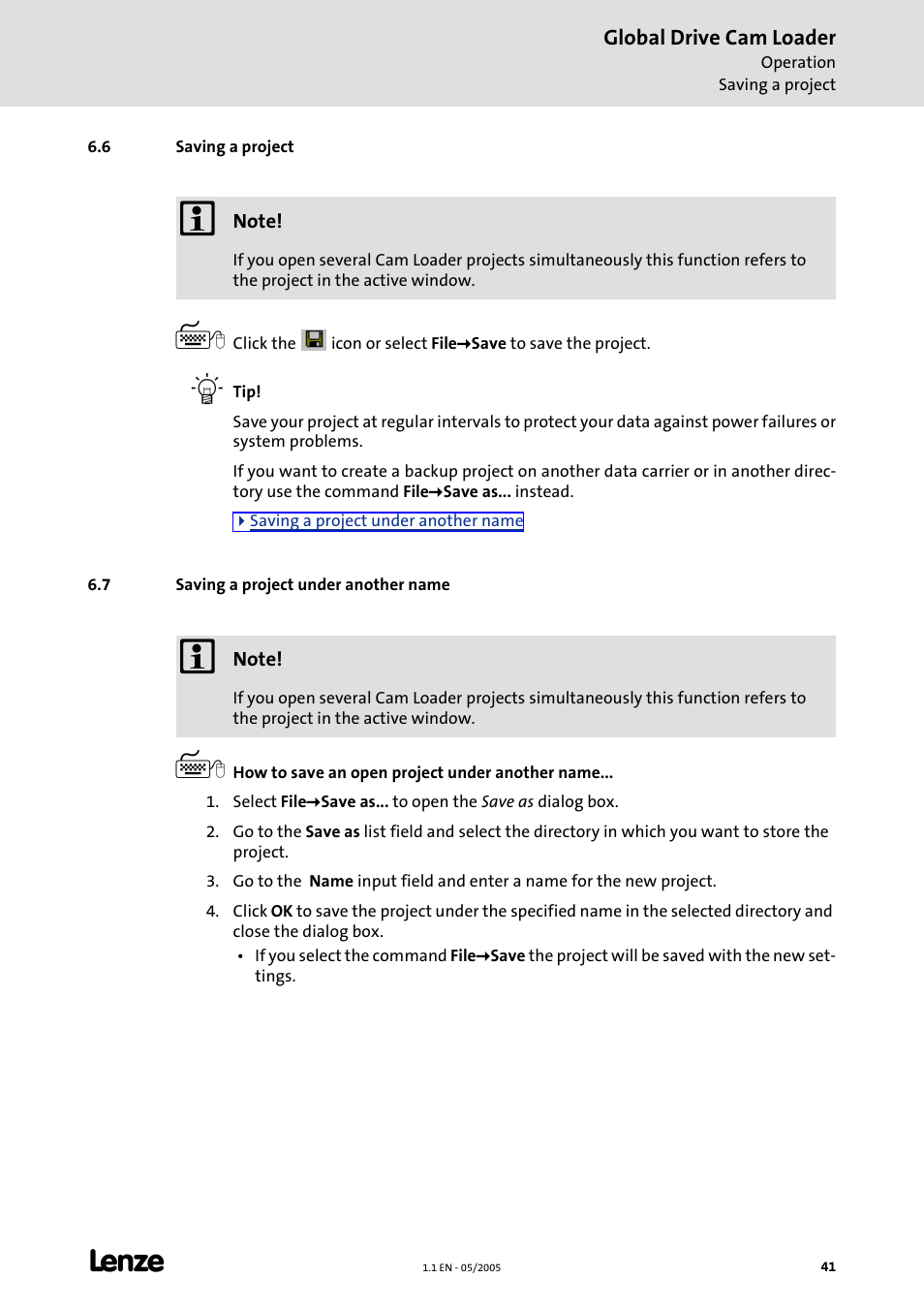 6 saving a project, 7 saving a project under another name | Lenze Global Drive Cam Loader User Manual | Page 41 / 54