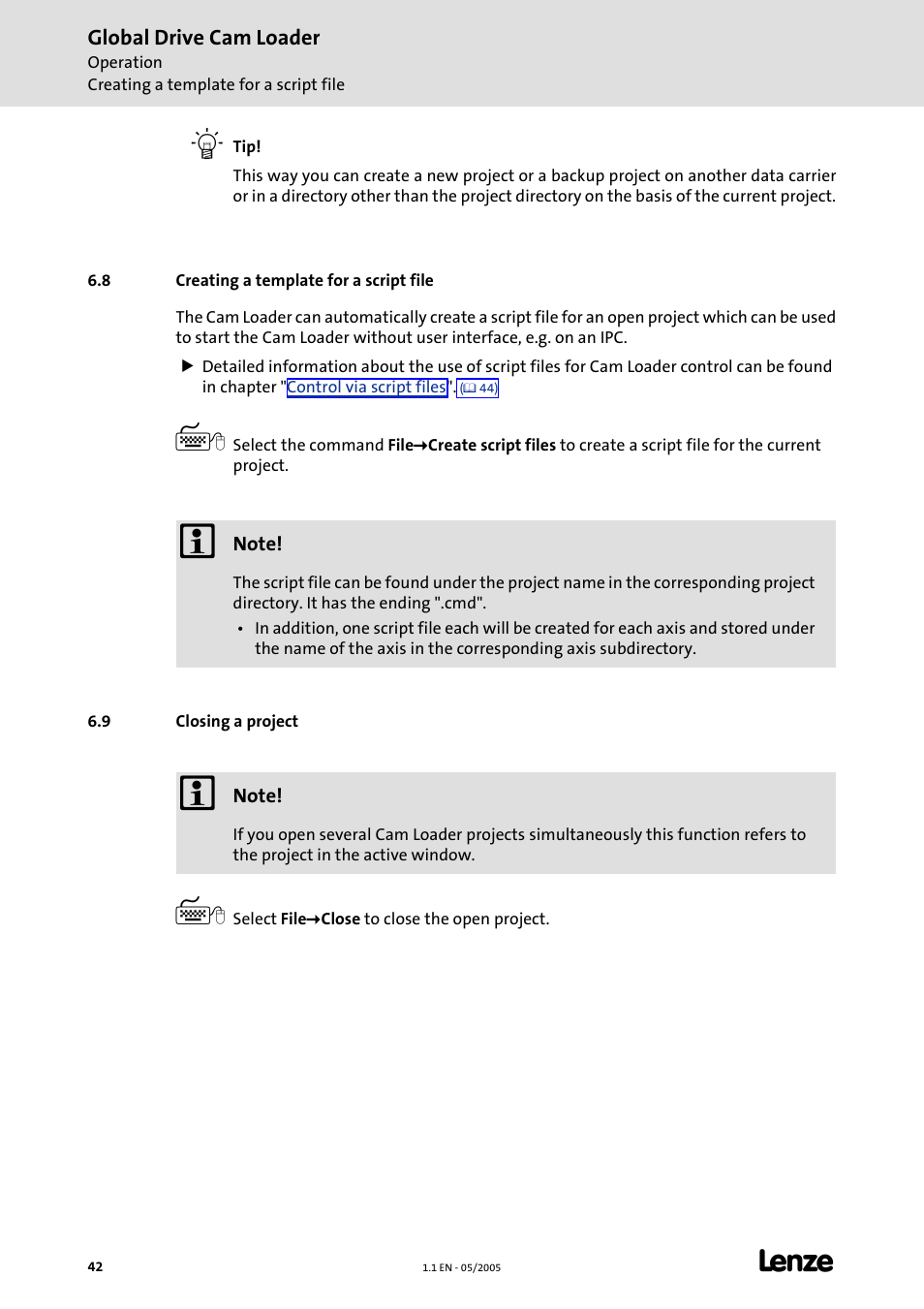 8 creating a template for a script file, 9 closing a project | Lenze Global Drive Cam Loader User Manual | Page 42 / 54