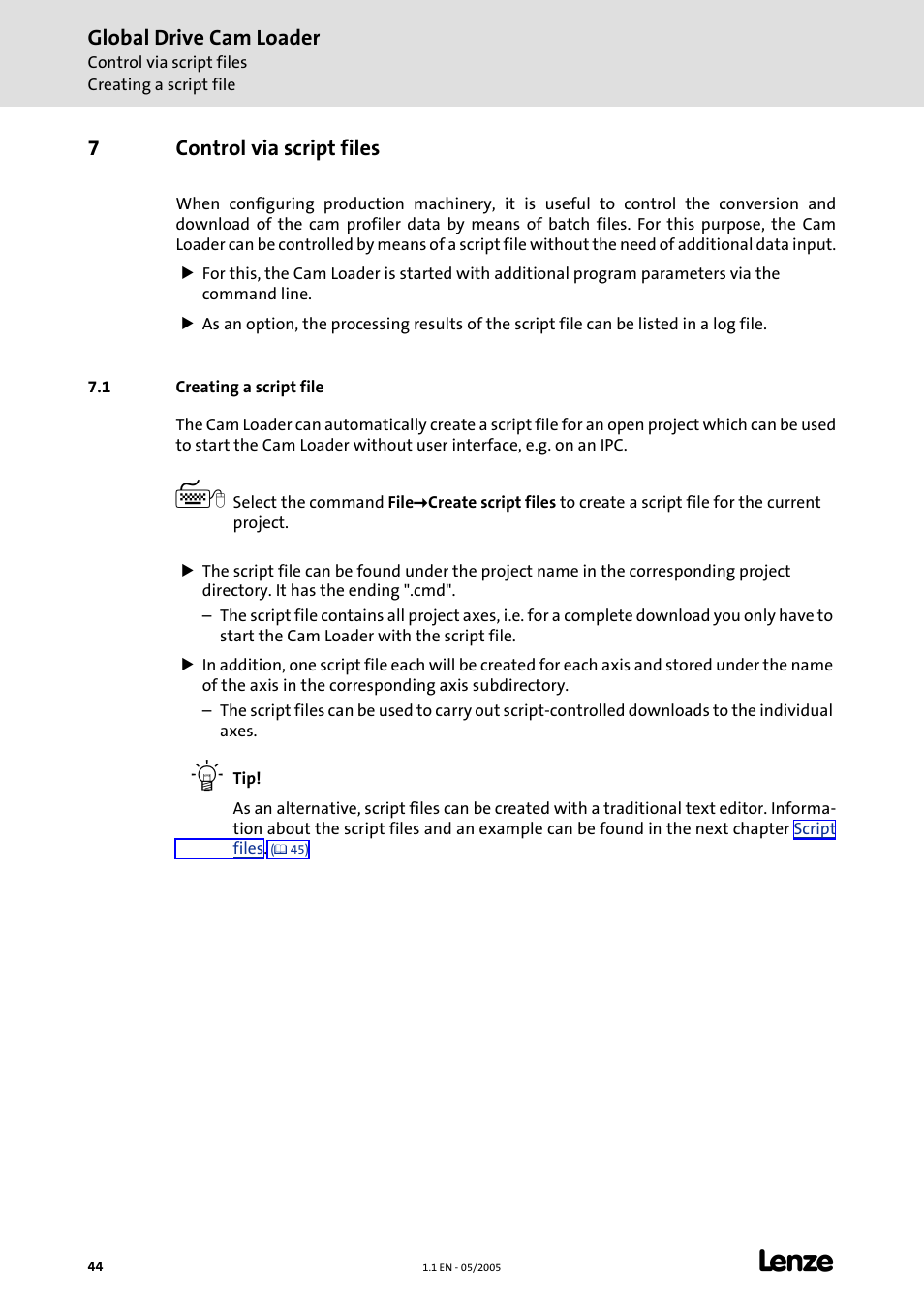 7 control via script files, 1 creating a script file, Control via script files | Global drive cam loader, 7control via script files | Lenze Global Drive Cam Loader User Manual | Page 44 / 54