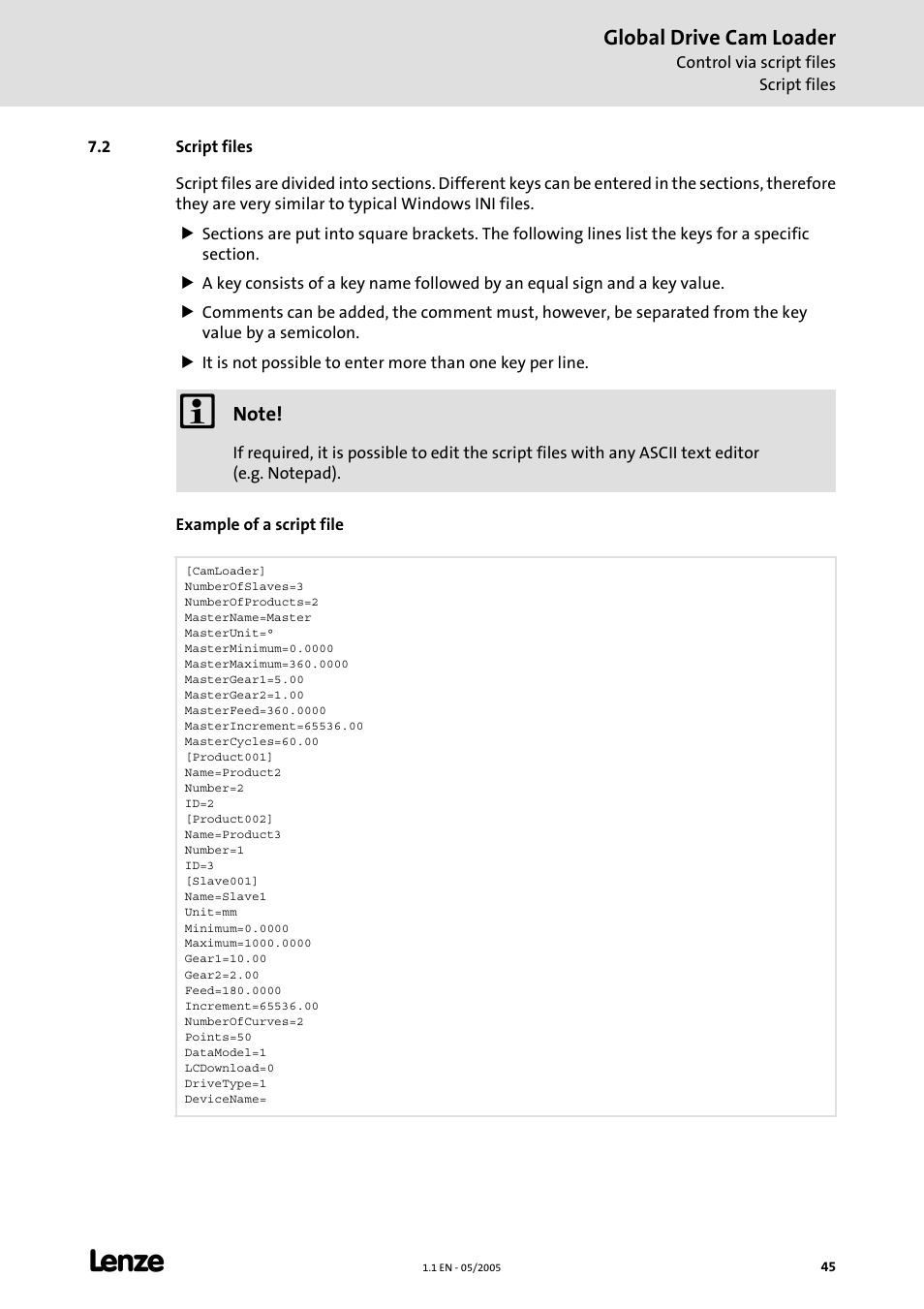 2 script files, Script, Files | Global drive cam loader | Lenze Global Drive Cam Loader User Manual | Page 45 / 54