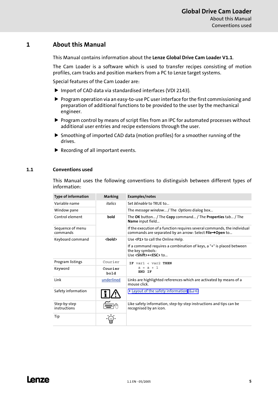 1 about this manual, 1 conventions used, About this manual | Global drive cam loader, 1about this manual | Lenze Global Drive Cam Loader User Manual | Page 5 / 54