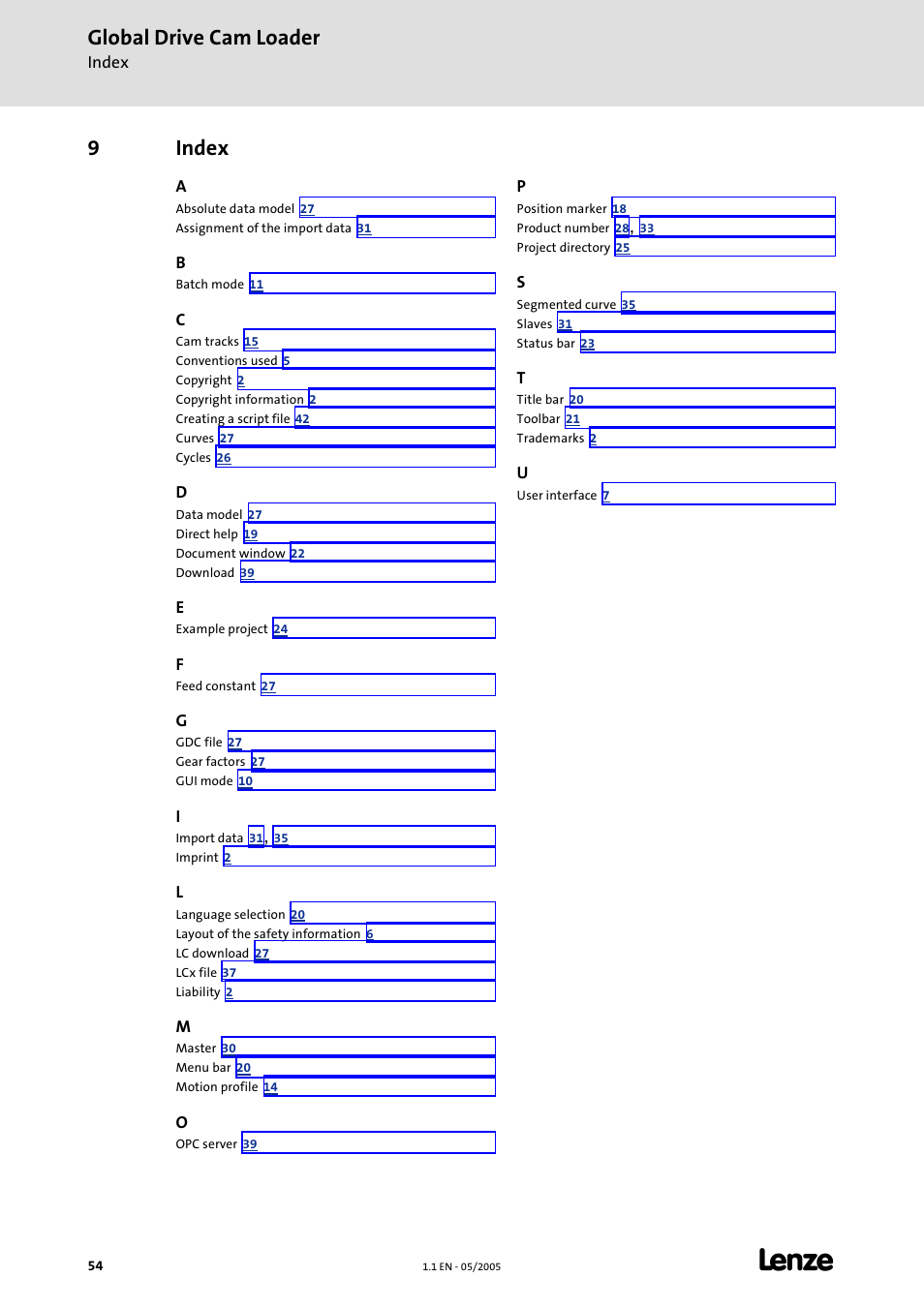 9 index, Index, Global drive cam loader | 9index | Lenze Global Drive Cam Loader User Manual | Page 54 / 54