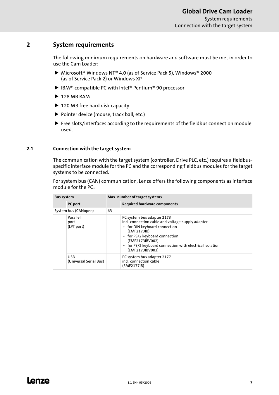 2 system requirements, 1 connection with the target system, System requirements | Global drive cam loader, 2system requirements | Lenze Global Drive Cam Loader User Manual | Page 7 / 54