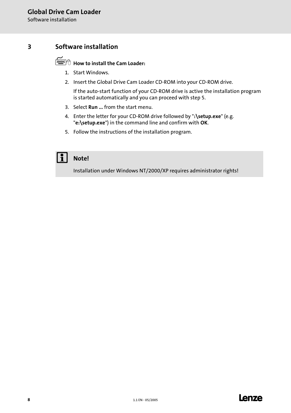 3 software installation, Software installation | Lenze Global Drive Cam Loader User Manual | Page 8 / 54