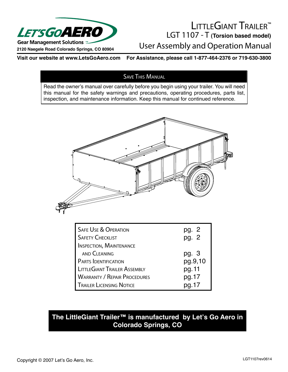 Let's Go Aero LittleGiant Trailer LGT 1107 - T (Torsion based model) User Manual | 20 pages