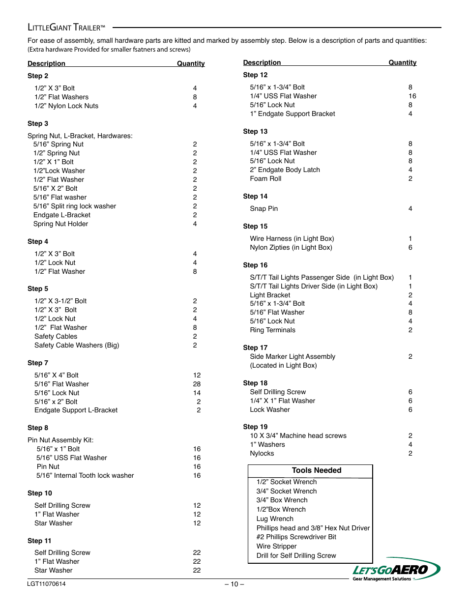 Let's Go Aero LittleGiant Trailer LGT 1107 - T (Torsion based model) User Manual | Page 10 / 20