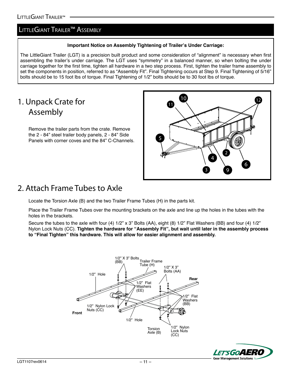 Unpack crate for assembly, Attach frame tubes to axle | Let's Go Aero LittleGiant Trailer LGT 1107 - T (Torsion based model) User Manual | Page 11 / 20