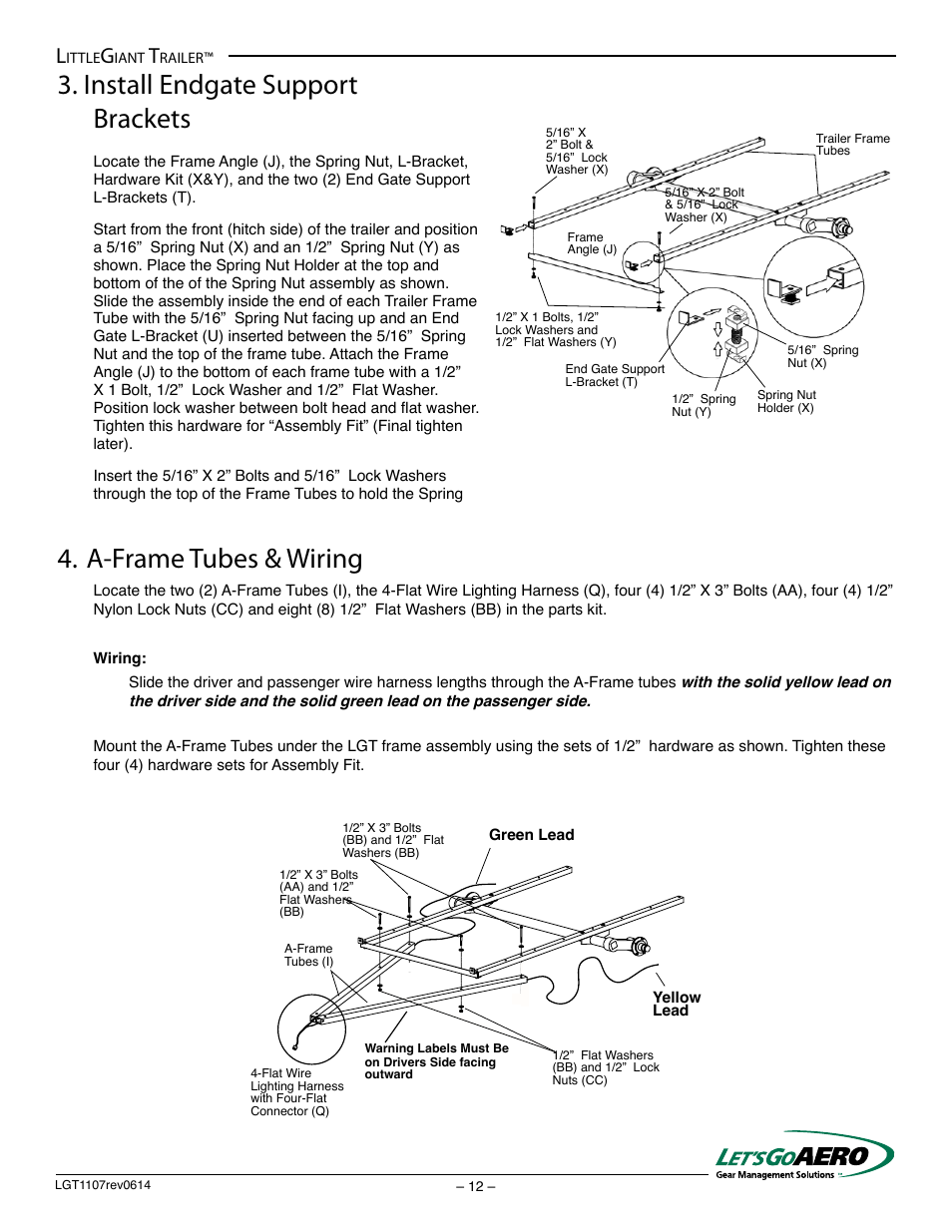 A-frame tubes & wiring, Install endgate support brackets | Let's Go Aero LittleGiant Trailer LGT 1107 - T (Torsion based model) User Manual | Page 12 / 20