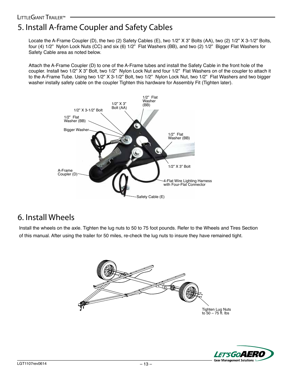 Install wheels, Install a-frame coupler and safety cables | Let's Go Aero LittleGiant Trailer LGT 1107 - T (Torsion based model) User Manual | Page 13 / 20