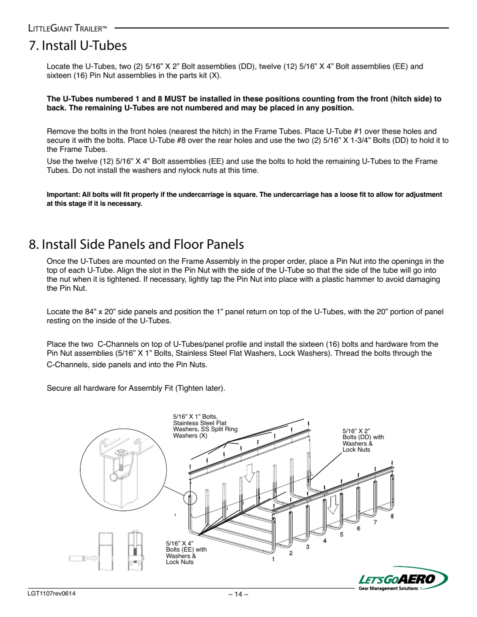 Install u-tubes, Install side panels and floor panels | Let's Go Aero LittleGiant Trailer LGT 1107 - T (Torsion based model) User Manual | Page 14 / 20