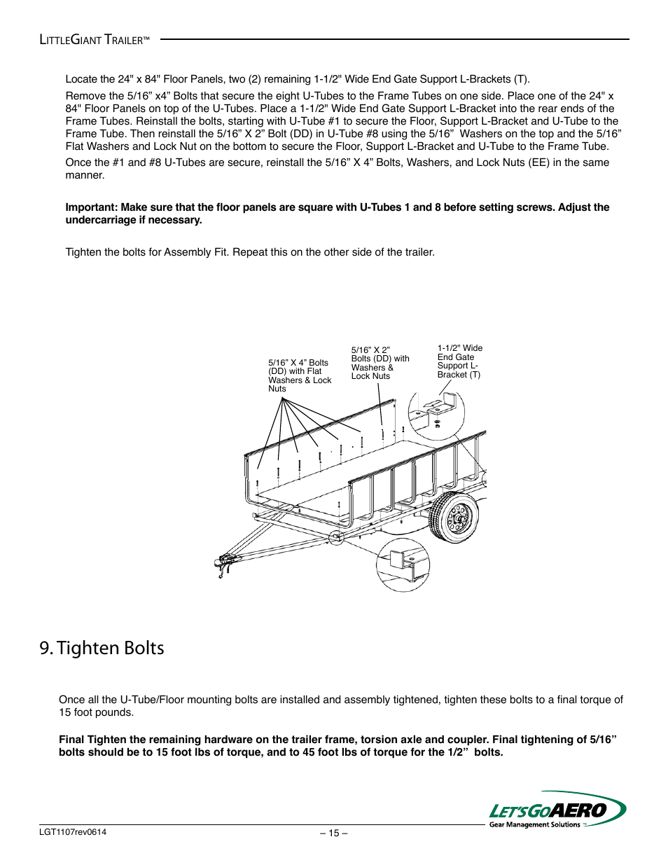 Tighten bolts | Let's Go Aero LittleGiant Trailer LGT 1107 - T (Torsion based model) User Manual | Page 15 / 20