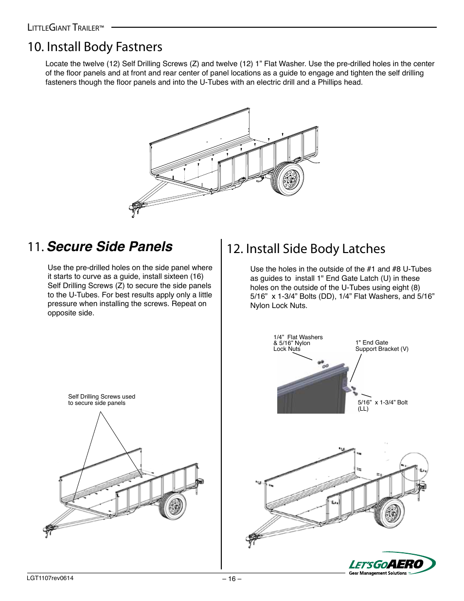 Secure side panels, Install body fastners, Install side body latches | Let's Go Aero LittleGiant Trailer LGT 1107 - T (Torsion based model) User Manual | Page 16 / 20