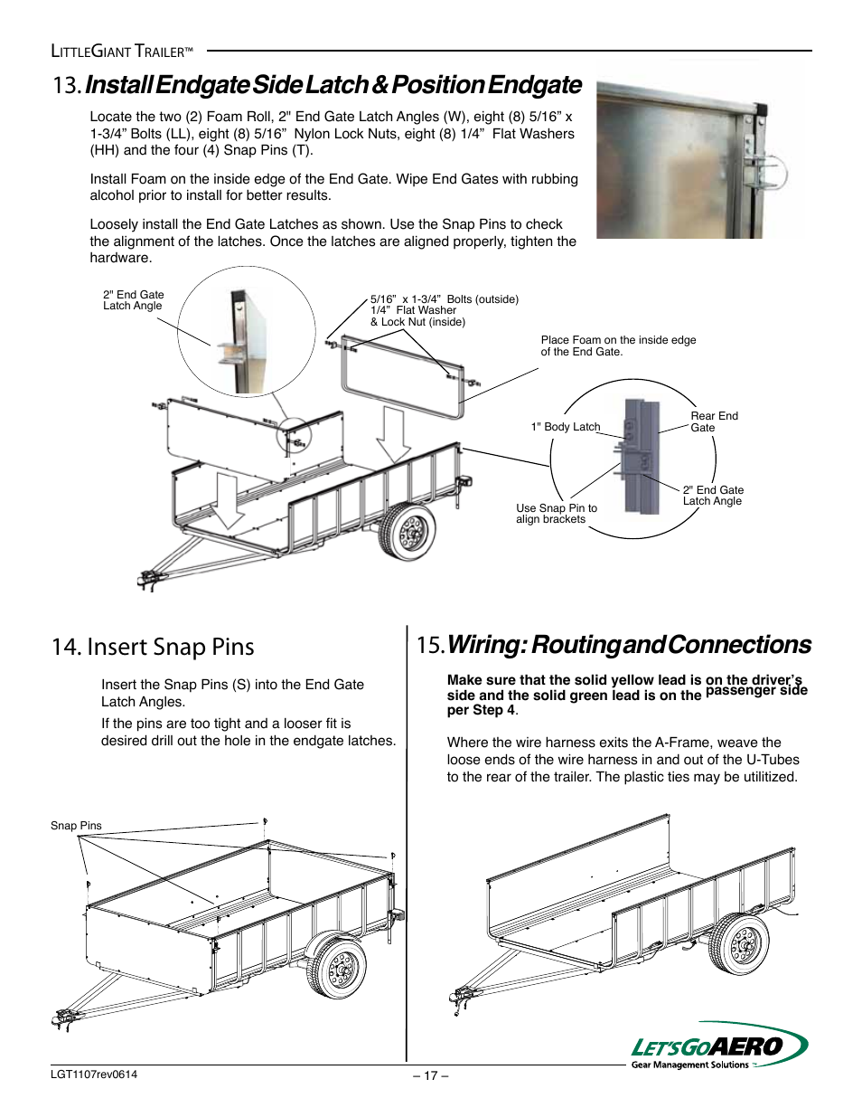 Insert snap pins, Install endgate side latch & position endgate, Wiring: routing and connections | Let's Go Aero LittleGiant Trailer LGT 1107 - T (Torsion based model) User Manual | Page 17 / 20