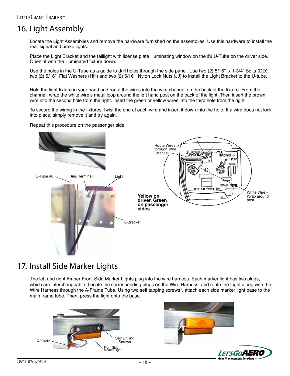 Light assembly, Install side marker lights | Let's Go Aero LittleGiant Trailer LGT 1107 - T (Torsion based model) User Manual | Page 18 / 20