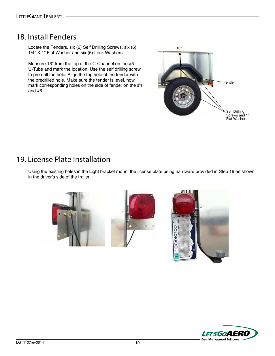 Install fenders, License plate installation | Let's Go Aero LittleGiant Trailer LGT 1107 - T (Torsion based model) User Manual | Page 19 / 20