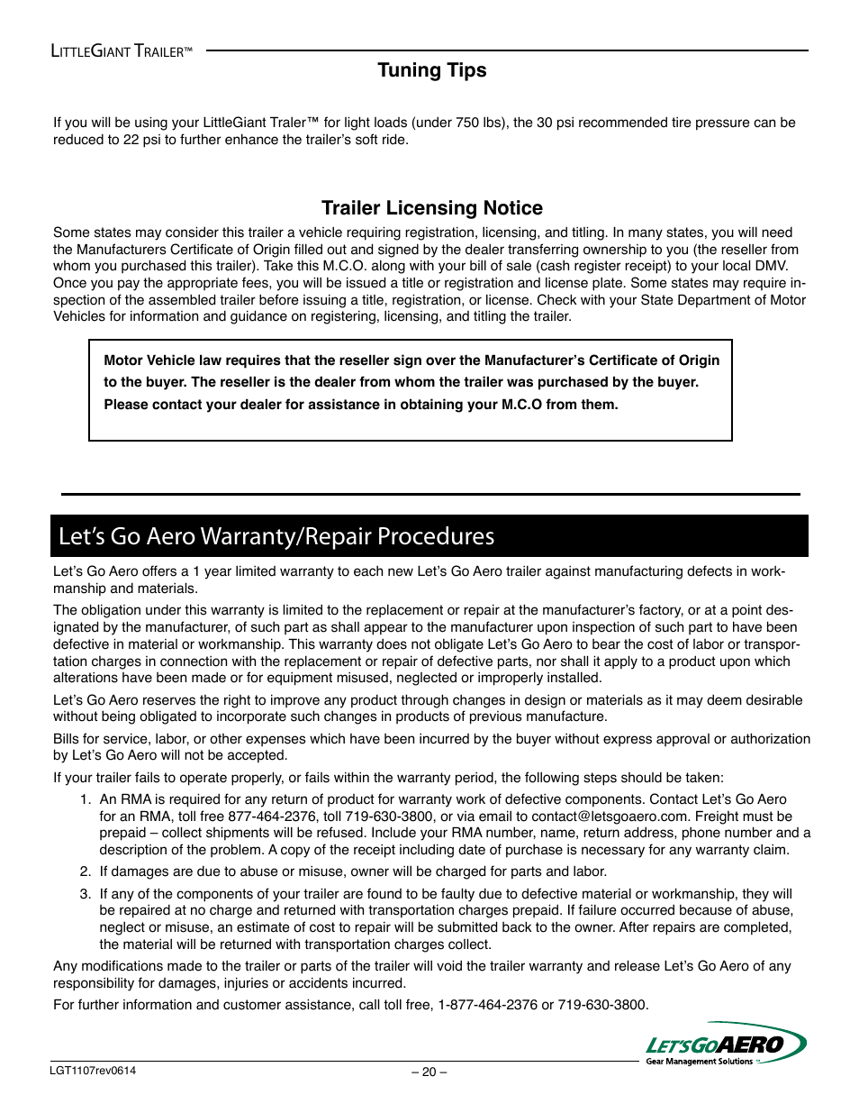 Let’s go aero warranty/repair procedures, Tuning tips, Trailer licensing notice | Let's Go Aero LittleGiant Trailer LGT 1107 - T (Torsion based model) User Manual | Page 20 / 20