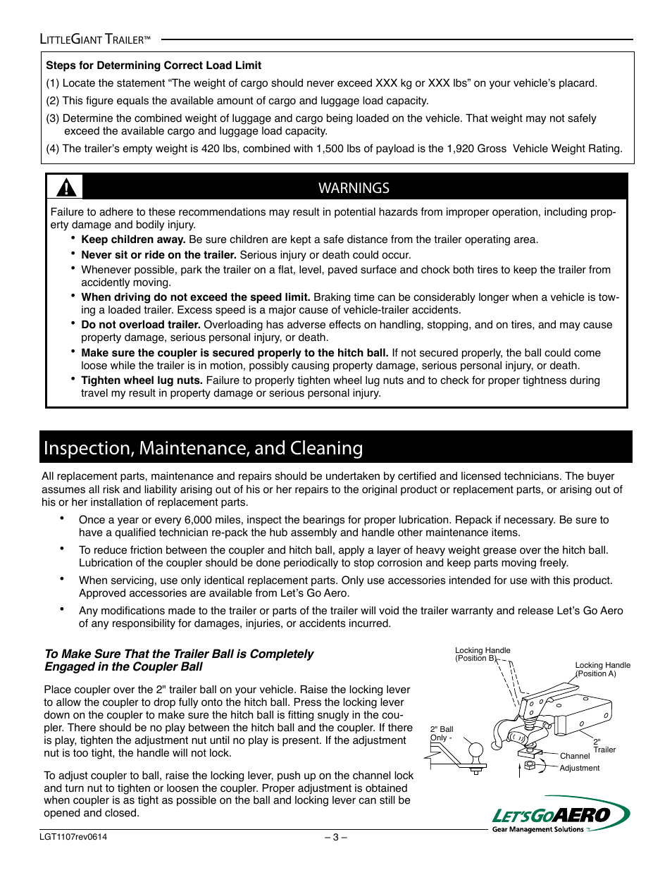 Inspection, maintenance, and cleaning, Warnings | Let's Go Aero LittleGiant Trailer LGT 1107 - T (Torsion based model) User Manual | Page 3 / 20