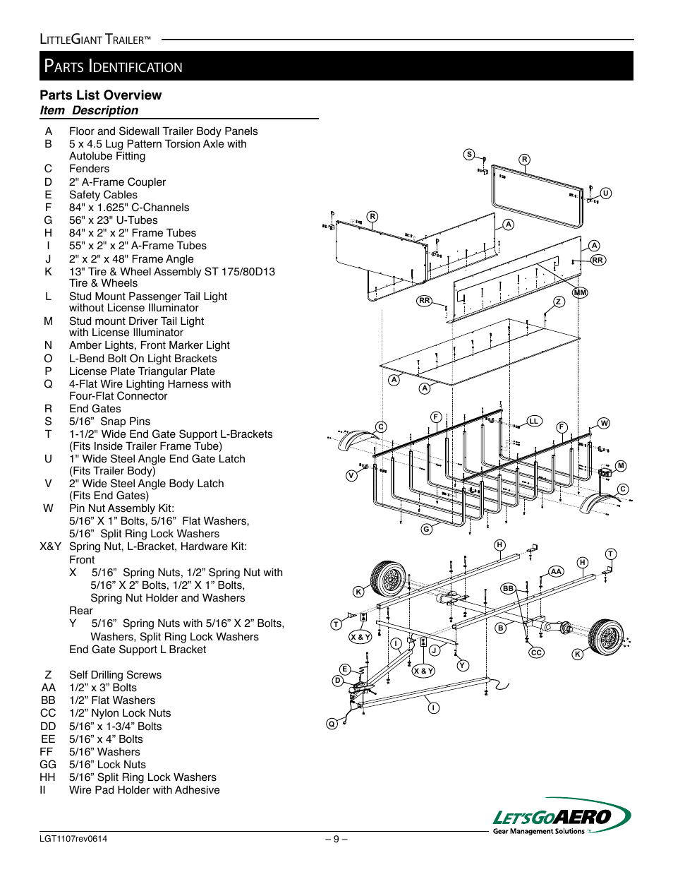Arts, Dentification, Parts list overview | Let's Go Aero LittleGiant Trailer LGT 1107 - T (Torsion based model) User Manual | Page 9 / 20
