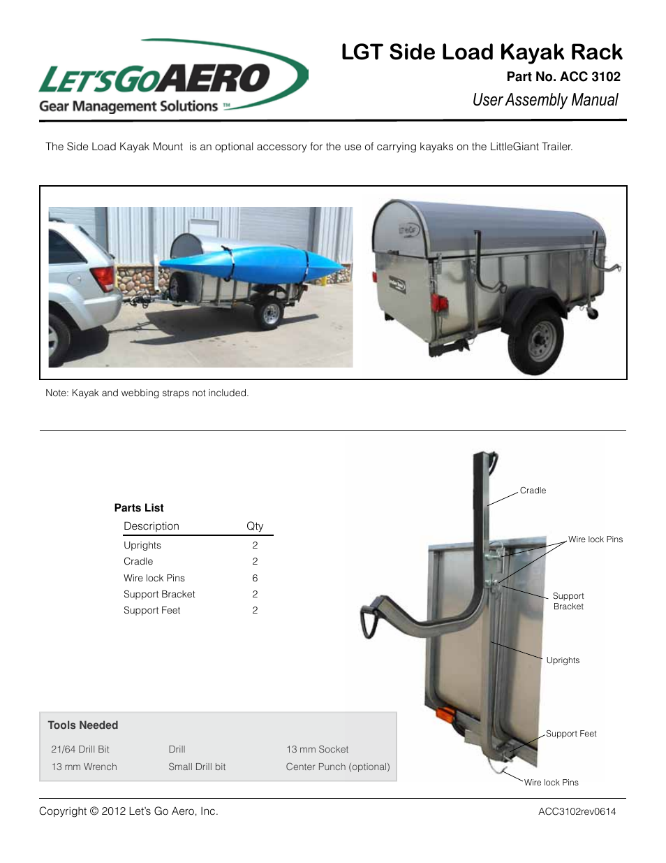 Let's Go Aero LGT Side Load Kayak Rack ACC 3102 User Manual | 3 pages