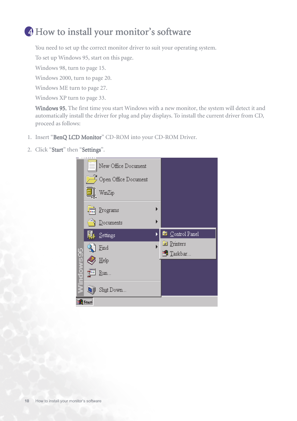 How to install your monitor’s software | BenQ FP731 User Manual | Page 10 / 54