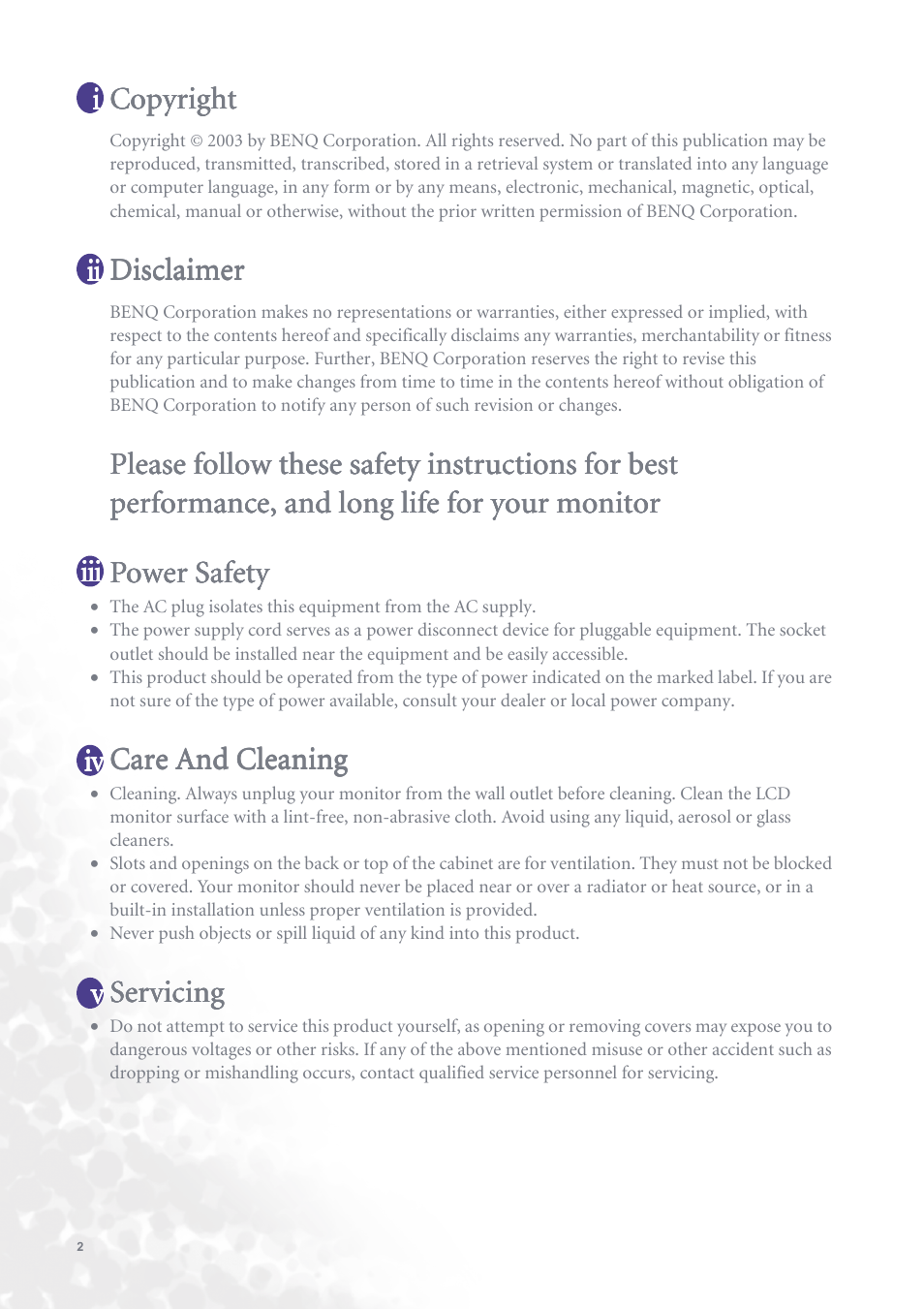 Copyright, Disclaimer, Please follow these safety instructions for best | Care and cleaning, Servicing | BenQ FP731 User Manual | Page 2 / 54