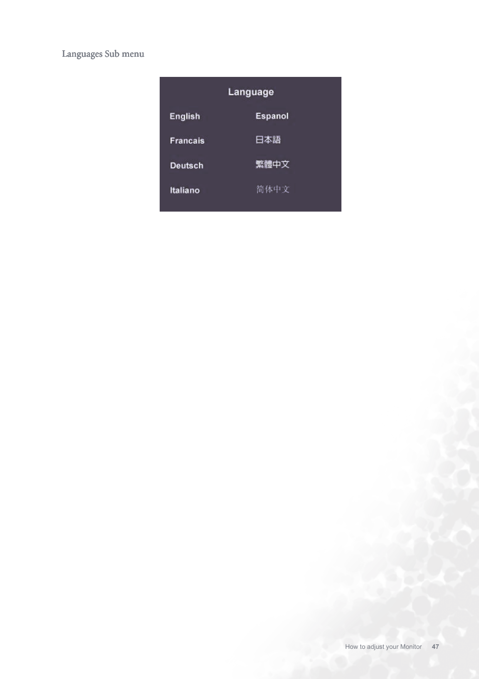 Languages sub menu | BenQ FP731 User Manual | Page 47 / 54