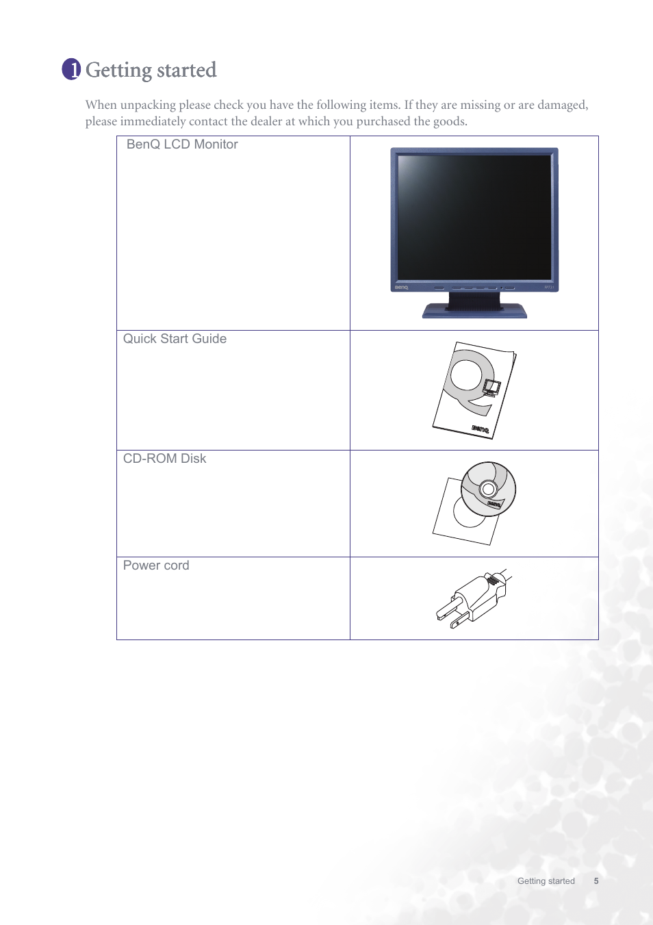 Getting started | BenQ FP731 User Manual | Page 5 / 54