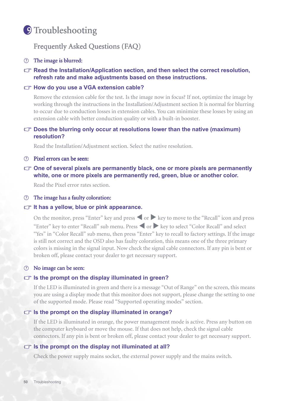 Troubleshooting, Frequently asked questions (faq) | BenQ FP731 User Manual | Page 50 / 54