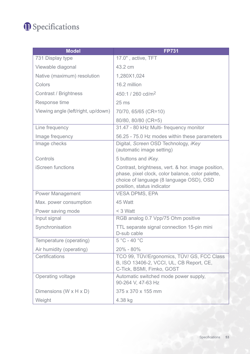 Specifications | BenQ FP731 User Manual | Page 53 / 54