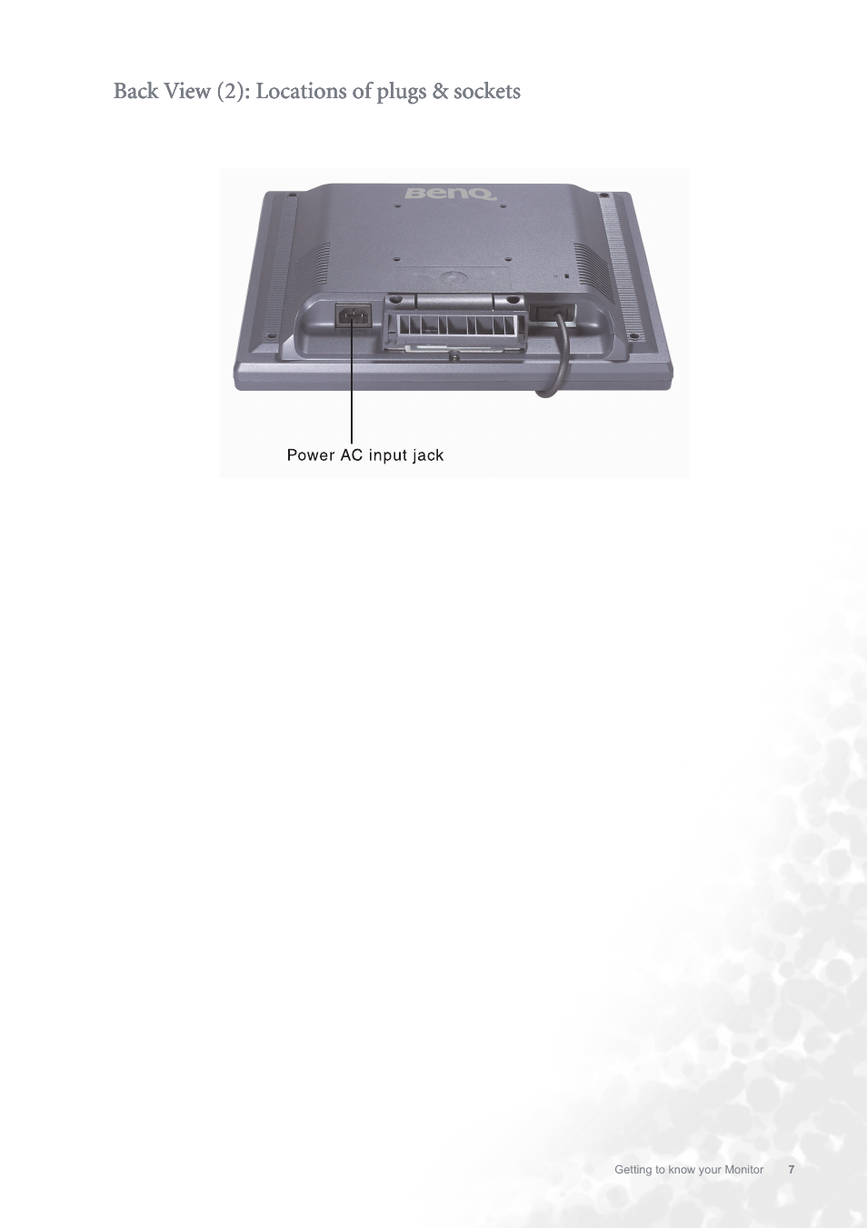 Back view (2): locations of plugs & sockets | BenQ FP731 User Manual | Page 7 / 54