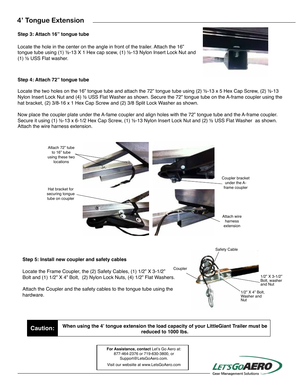 4’ tongue extension, Caution | Let's Go Aero LGT 4 Tongue Extension ACC 3070 User Manual | Page 2 / 2