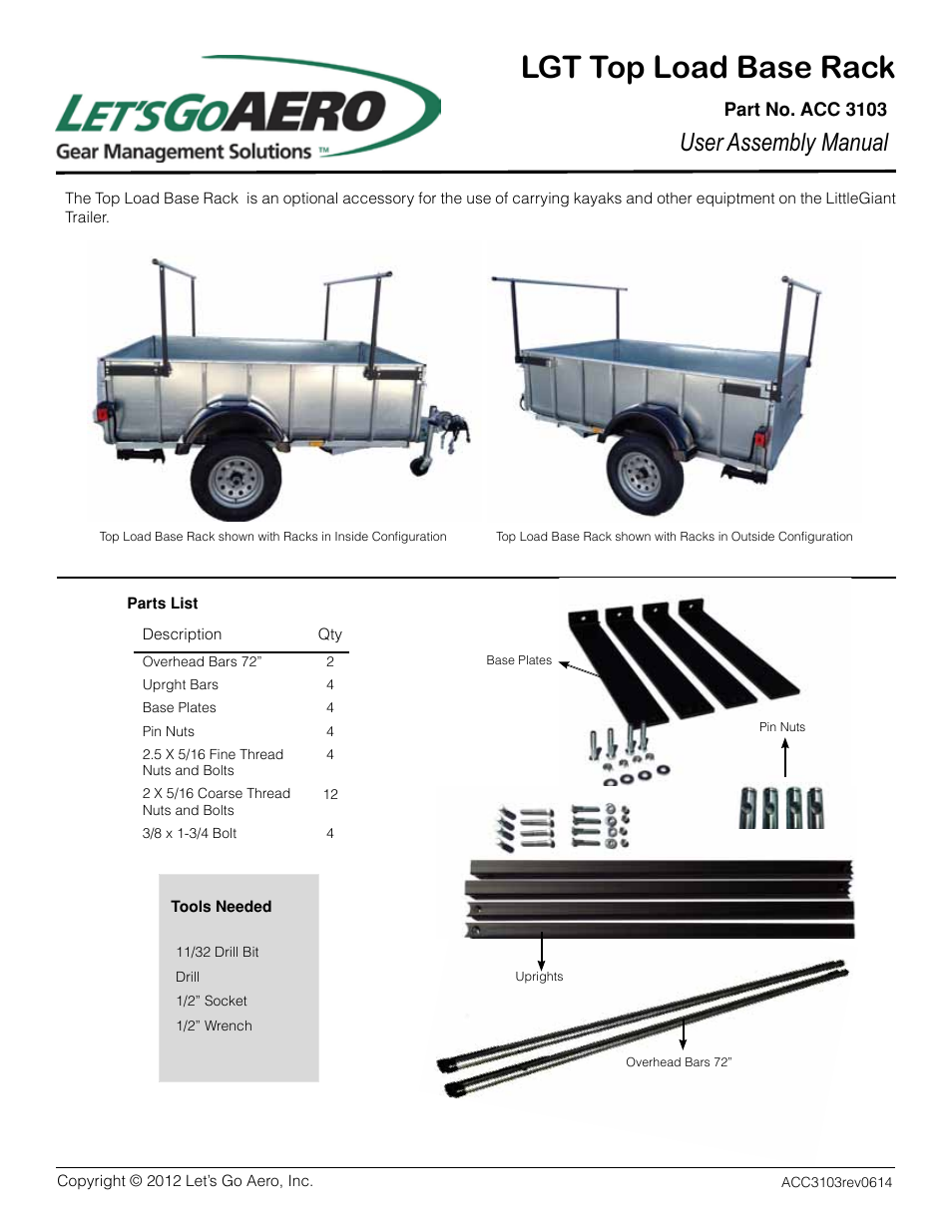 Let's Go Aero LGT Top Load Base Rack ACC 3103 User Manual | 3 pages