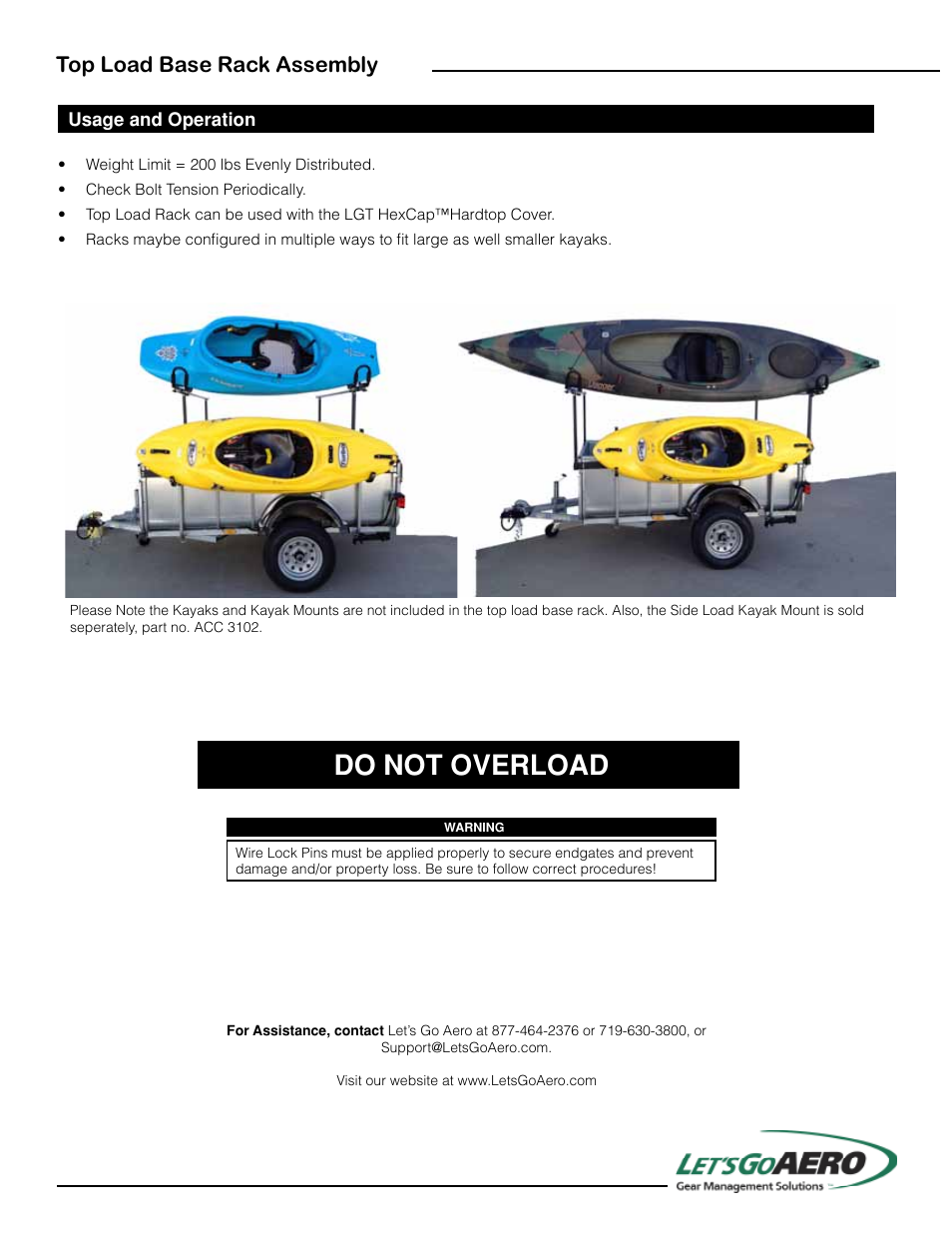 Do not overload, Top load base rack assembly | Let's Go Aero LGT Top Load Base Rack ACC 3103 User Manual | Page 3 / 3