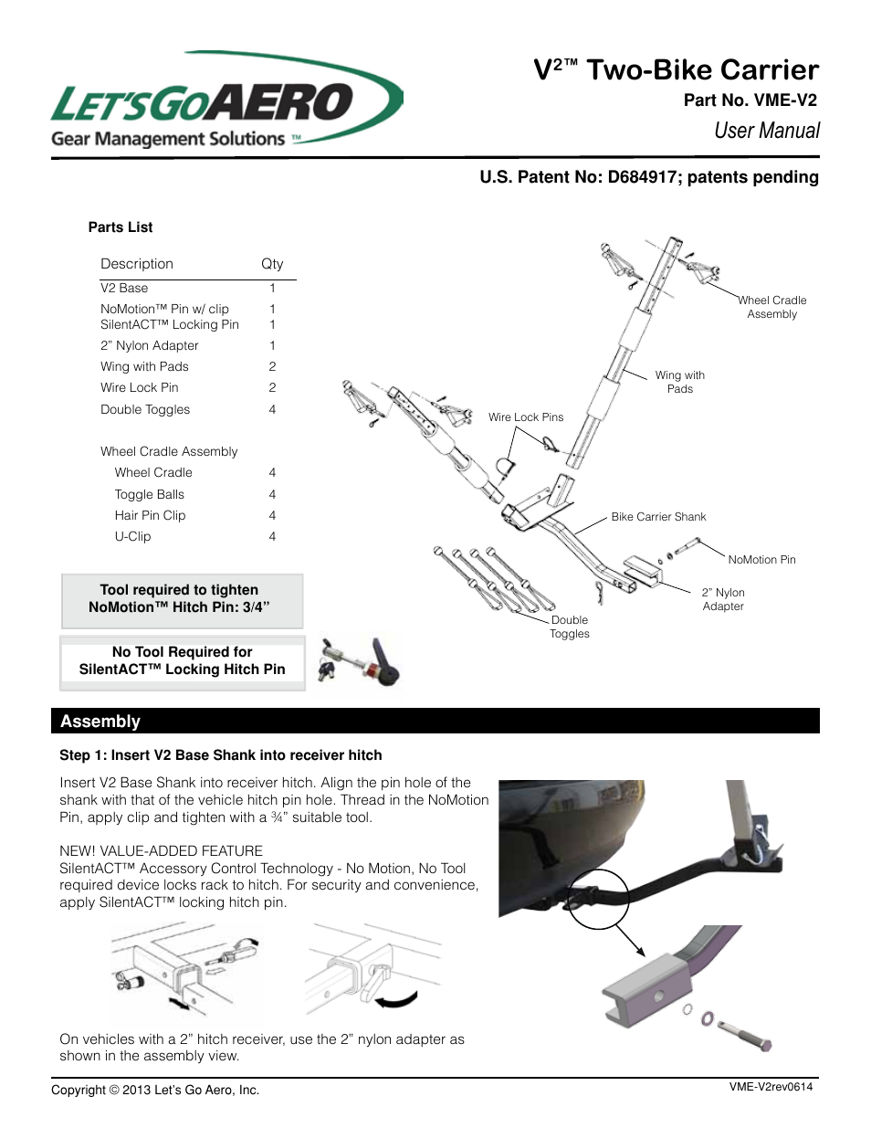 Let's Go Aero V2 Two-Bike Carrier VME-V2 User Manual | 3 pages