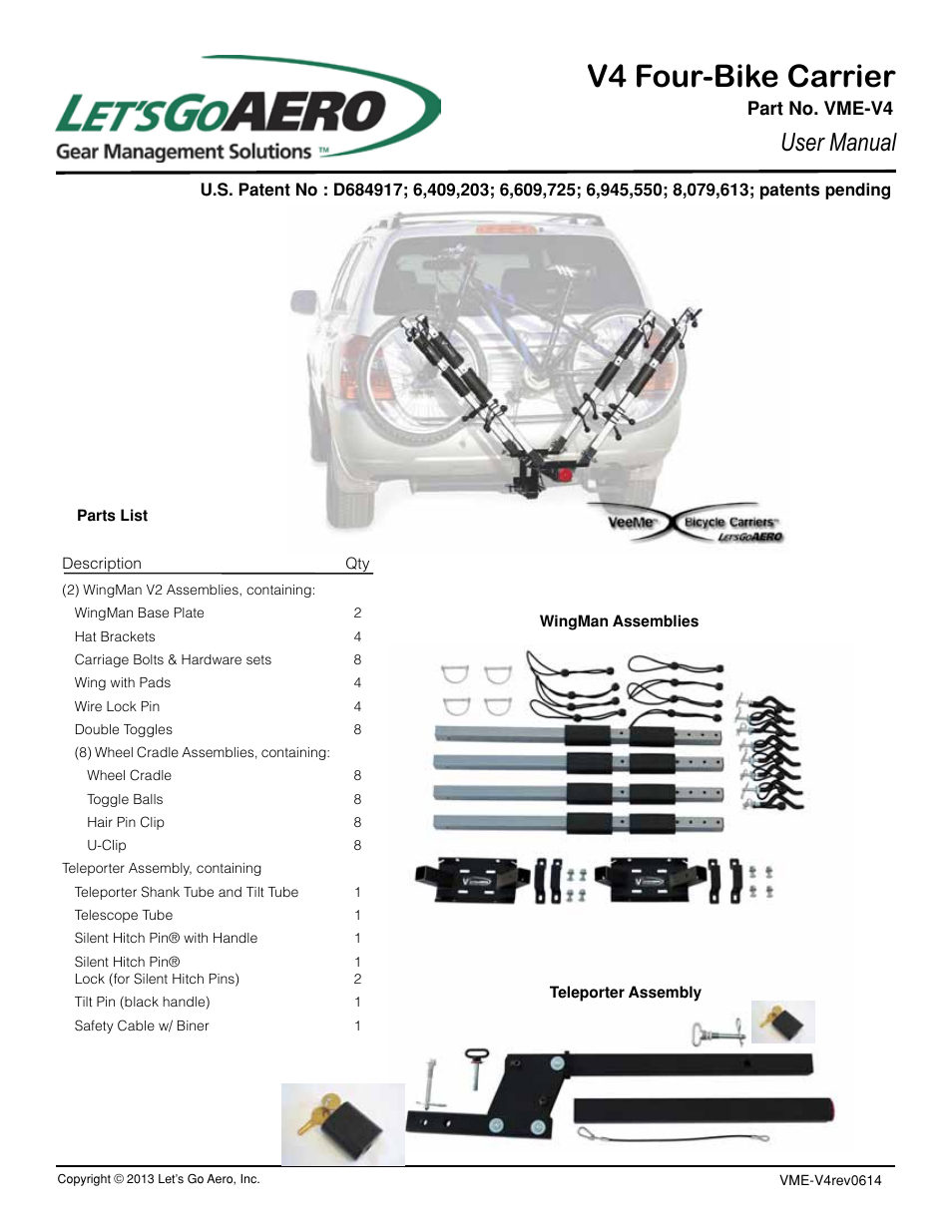 Let's Go Aero V4 Four-Bike Carrier VME-V4 User Manual | 4 pages