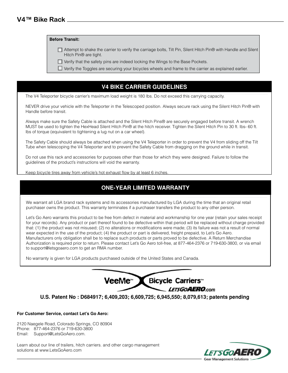 V4™ bike rack, One-year limited warranty, V4 bike carrier guidelines | Let's Go Aero V4 Four-Bike Carrier VME-V4 User Manual | Page 4 / 4