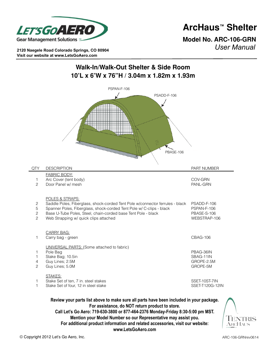 Let's Go Aero ArcHaus Shelter ARC-106-GRN User Manual | 5 pages