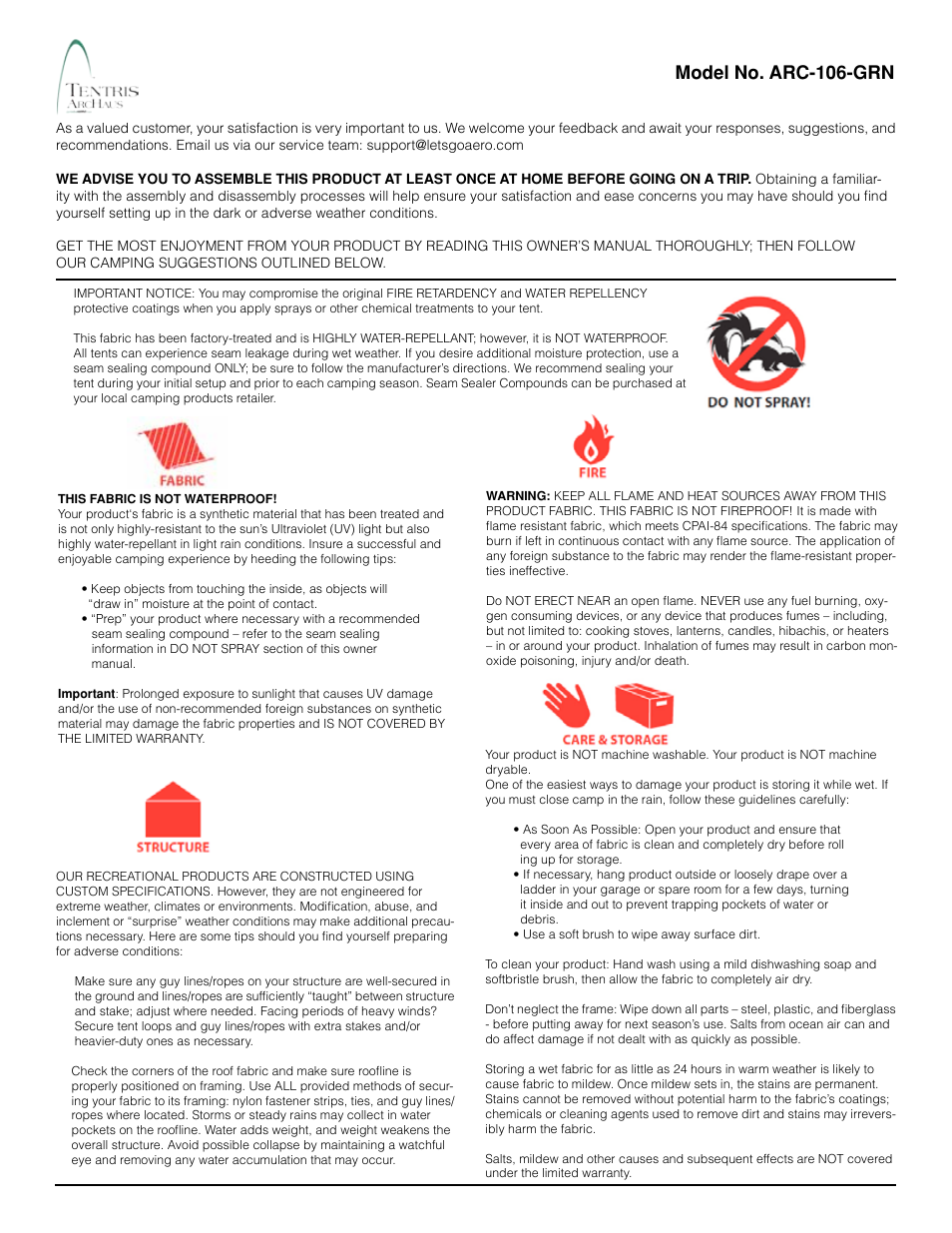 Model no. arc-106-grn | Let's Go Aero ArcHaus Shelter ARC-106-GRN User Manual | Page 4 / 5