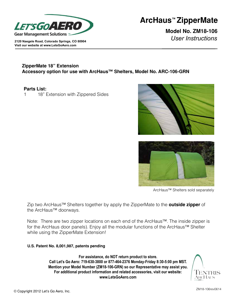 Let's Go Aero ArcHaus ZipperMate ZM18-106 User Manual | 2 pages