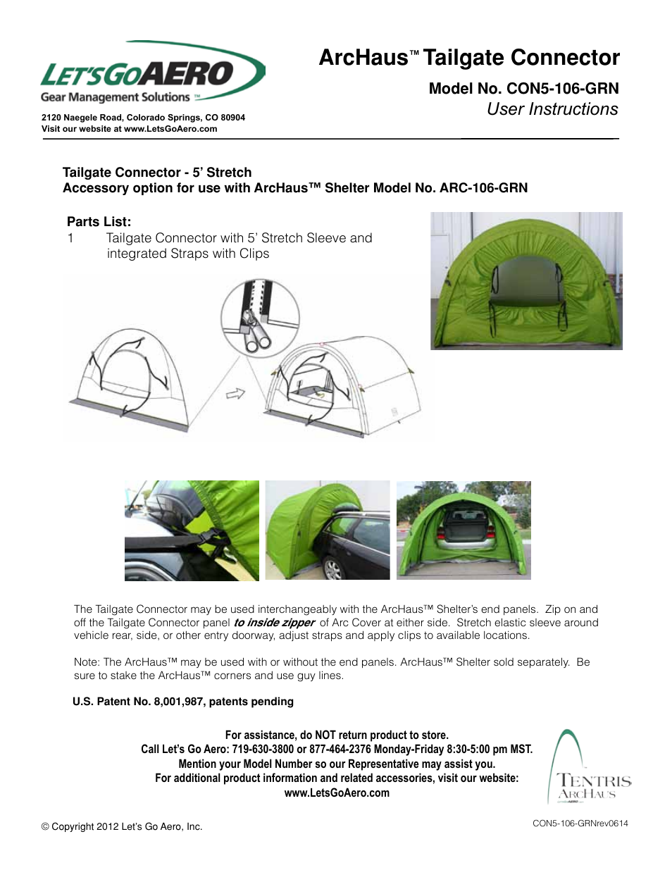 Let's Go Aero ArcHaus Tailgate Connector CON5-106-GRN User Manual | 2 pages