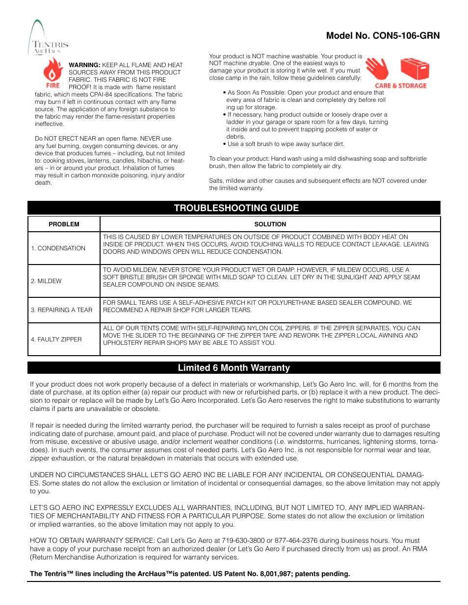 Model no. con5-106-grn, Troubleshooting guide, Limited 6 month warranty | Let's Go Aero ArcHaus Tailgate Connector CON5-106-GRN User Manual | Page 2 / 2