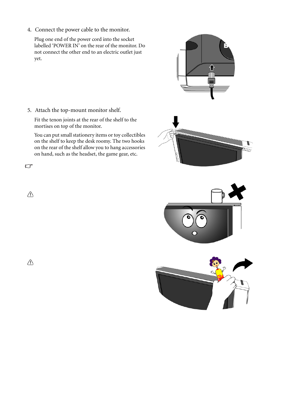 Connect the power cable to the monitor, Attach the top-mount monitor shelf | BenQ FP241VW User Manual | Page 10 / 47