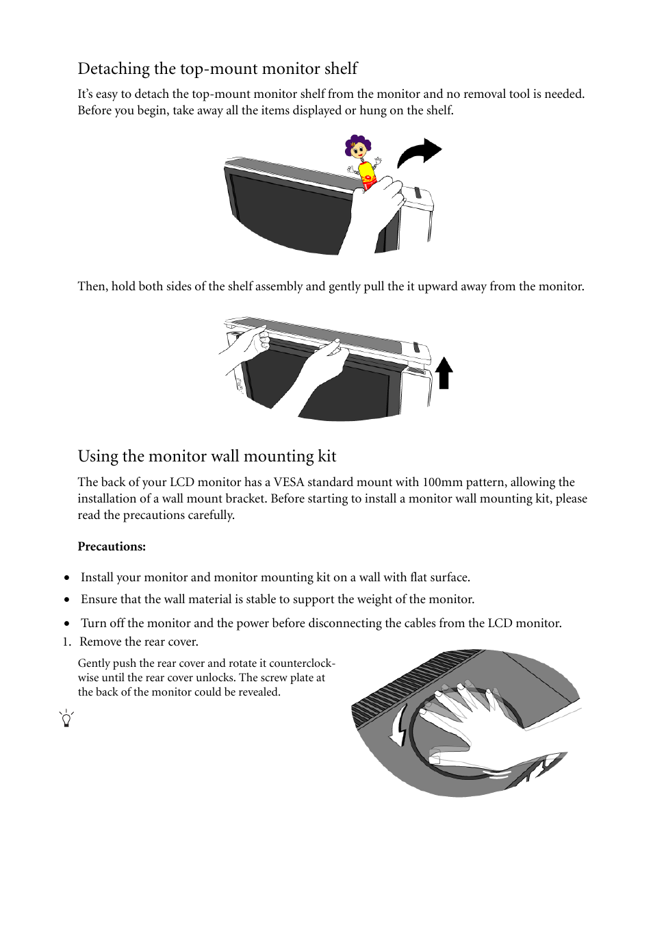 Detaching the top-mount monitor shelf, Using the monitor wall mounting kit | BenQ FP241VW User Manual | Page 12 / 47