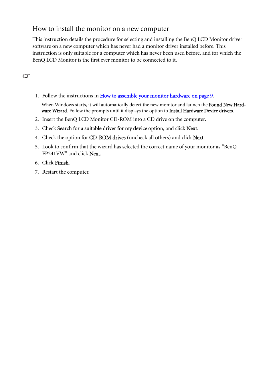 How to install the monitor on a new computer | BenQ FP241VW User Manual | Page 16 / 47