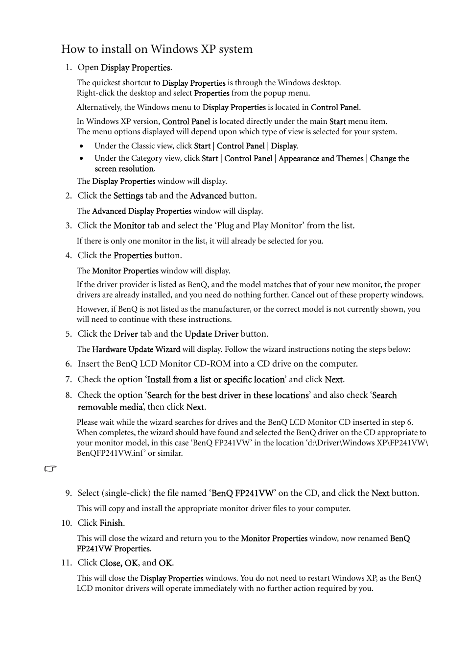 How to install on windows xp system | BenQ FP241VW User Manual | Page 19 / 47