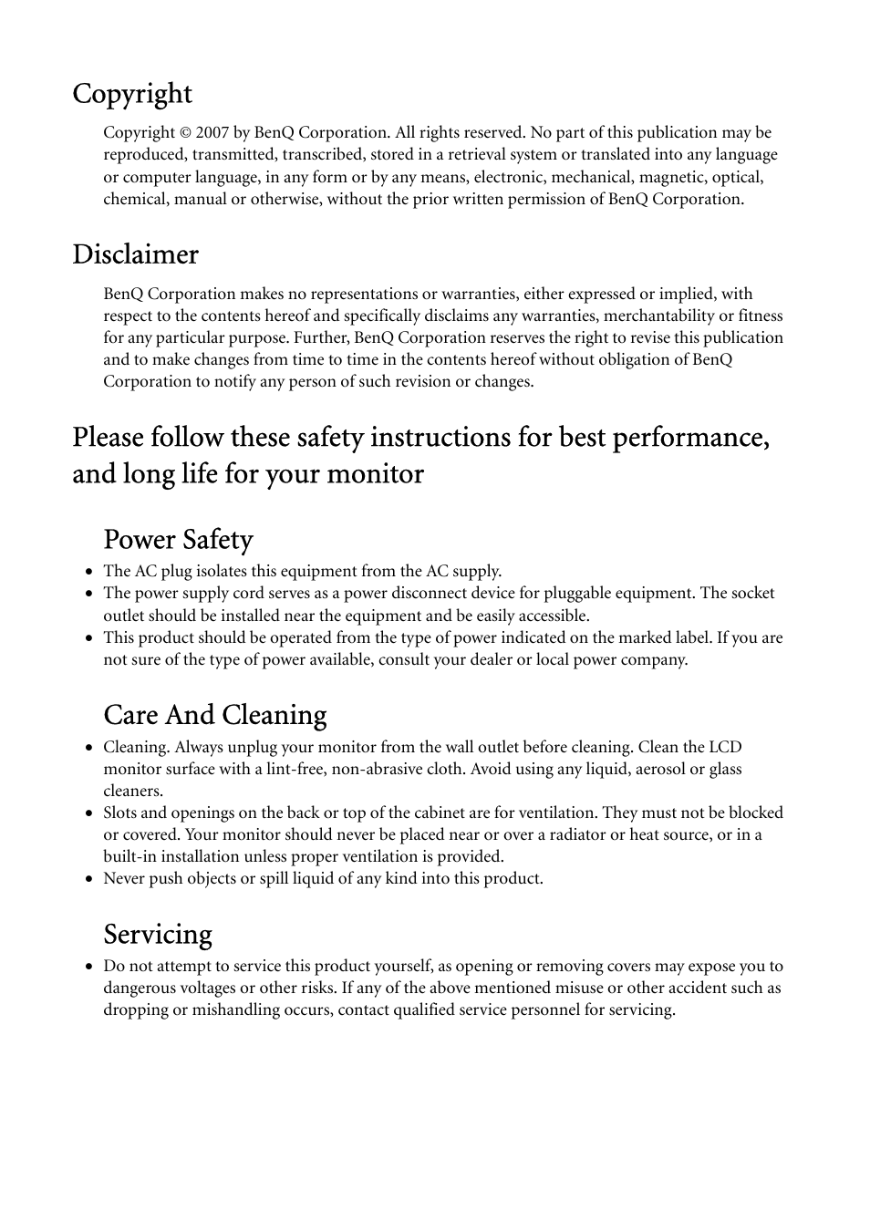 Copyright, Disclaimer, Care and cleaning | Servicing | BenQ FP241VW User Manual | Page 2 / 47