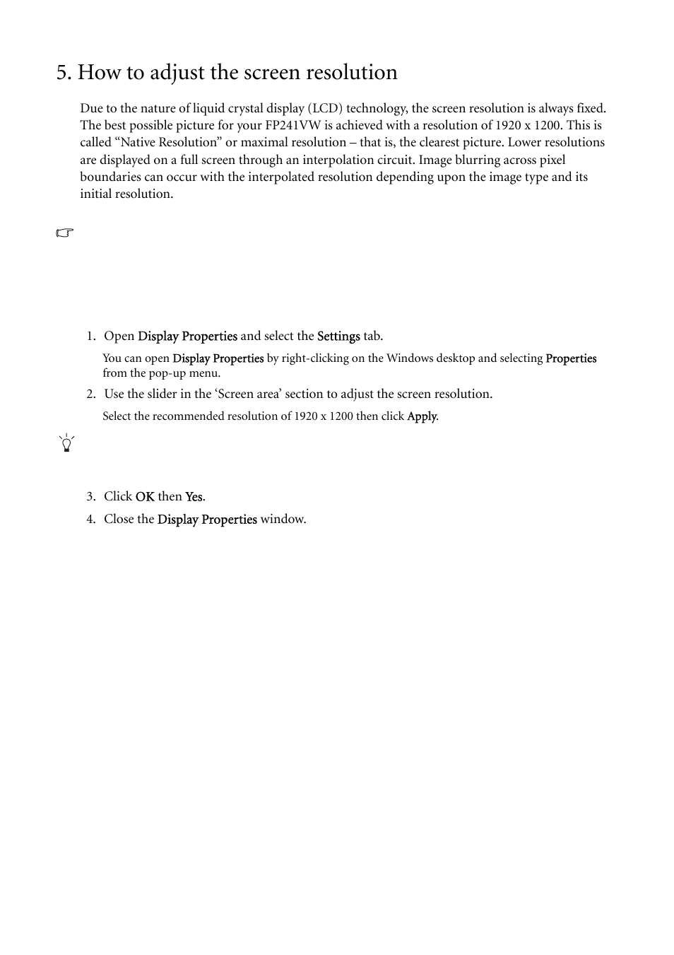 How to adjust the screen resolution | BenQ FP241VW User Manual | Page 20 / 47