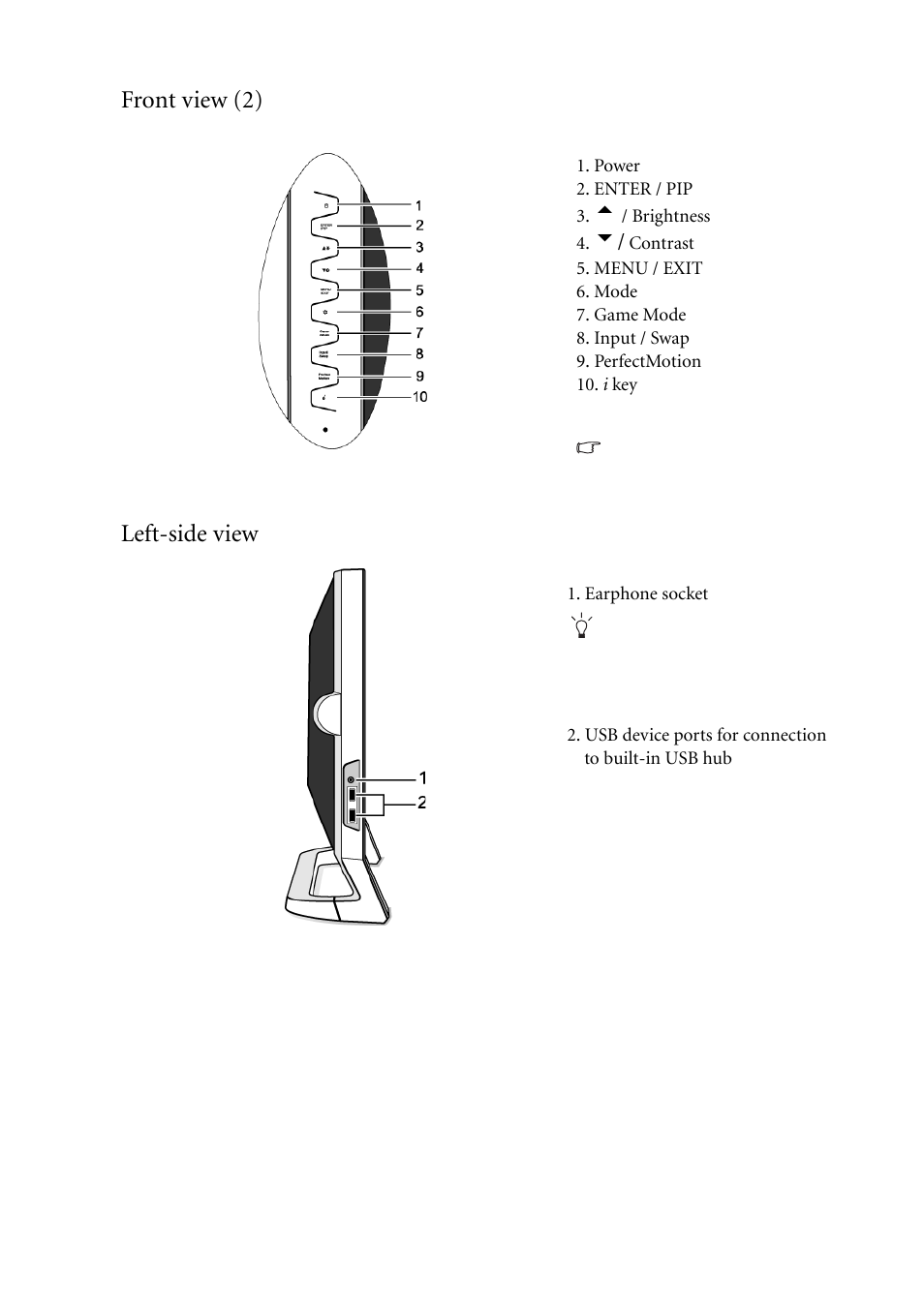 Front view (2), Left-side view, Front view (2) left-side view | BenQ FP241VW User Manual | Page 7 / 47