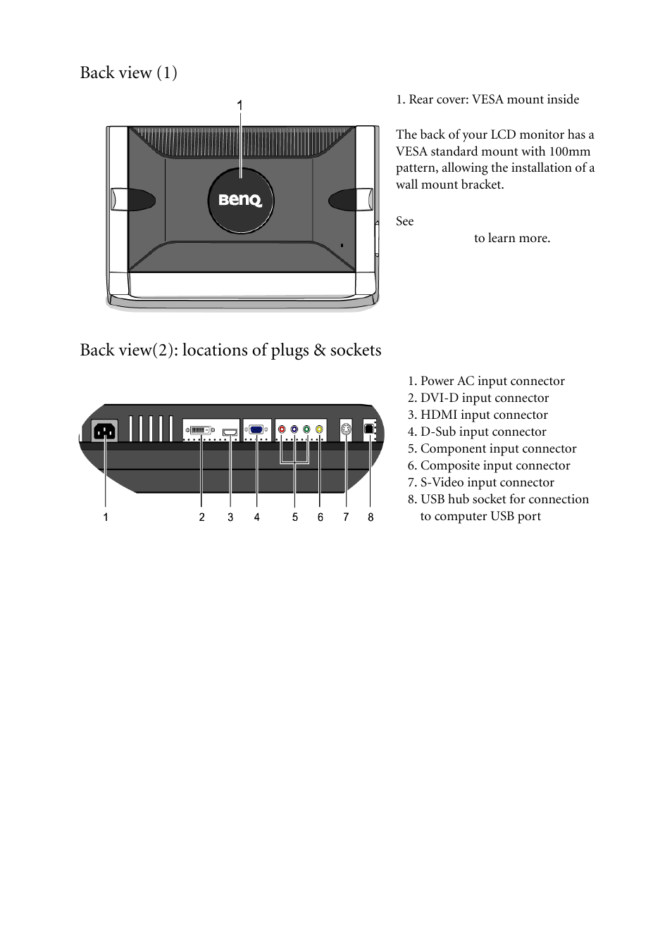 Back view (1), Back view(2): locations of plugs & sockets | BenQ FP241VW User Manual | Page 8 / 47